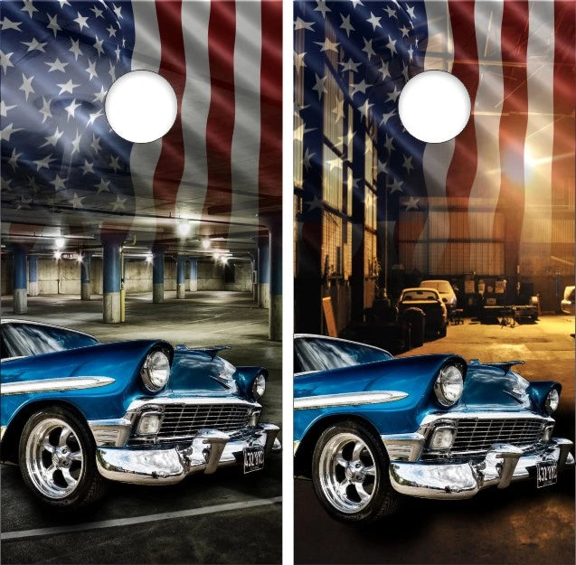 Classic Hotrod Blue Car with American Flag Parking Deck Background Cornhole Wraps