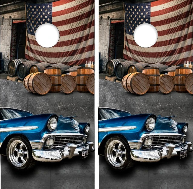 Classic Hotrod Blue Car with American Flag Whiskey Barrels Background Cornhole Wraps