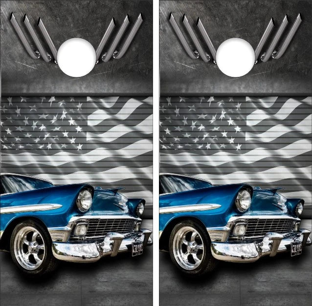 Classic Hotrod Blue Car with American Flag Garage Door Background Cornhole Wraps