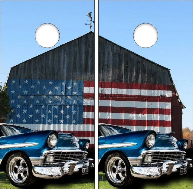 Classic Hotrod Blue Car with American Flag Farm Barn Background Cornhole Wraps