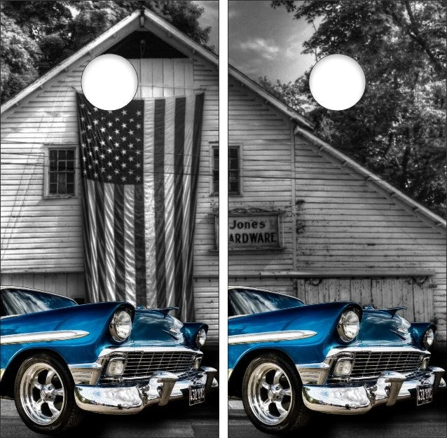 Classic Hotrod Blue Car with American Flag Old General hardware Store Background Cornhole Wraps
