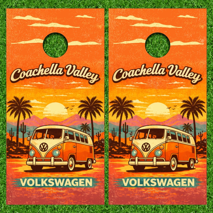 Coachella Valley Volkswagen Van on Beach Hippie Style Vintage Background Cornhole Wraps