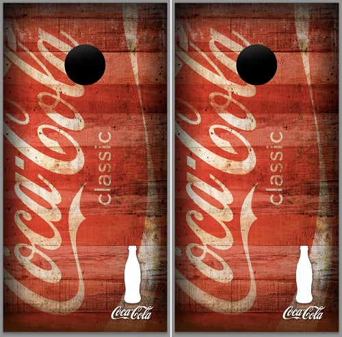 Coca-Cola Classic Weathered Wood Style Background Cornhole Wraps
