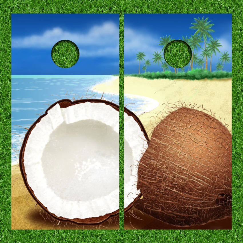 Coconut Laying on Sandy Beach Palm Trees Cornhole Wraps