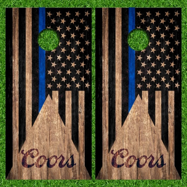 Coors Original Thin Blue Line American Flag Weathered Wood Look Cornhole Wraps