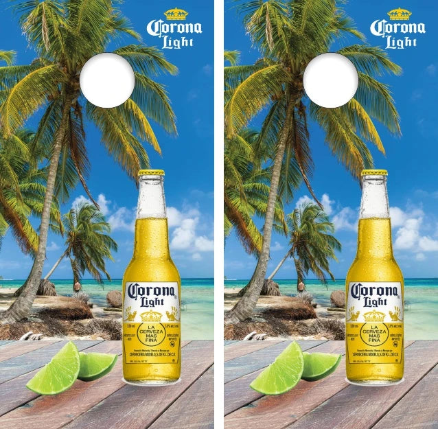Corona Light with Lime on Tropical Beach Palm Trees Cornhole Wraps