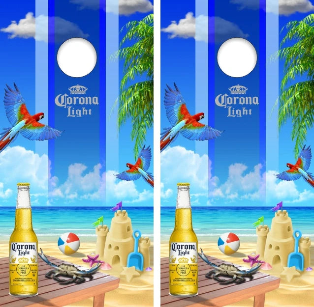 Corona Light on Tropical Beach Palm Trees Castle Crab Cornhole Wraps
