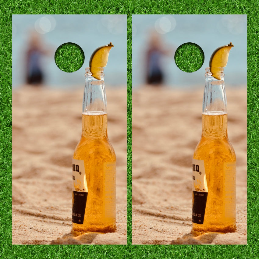 Beach Beer Bottle with Lime in the Sand Cornhole Wraps