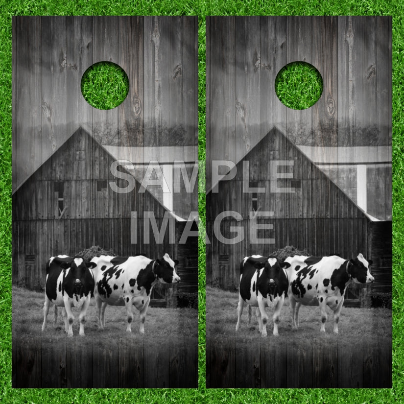 Country Farm House Barn with Cows Weathered Wood Look Cornhole Wraps