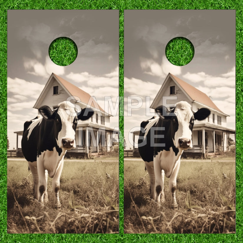 Country Farm House with Up Close Cow Cornhole Wraps