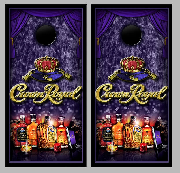 Crown Royal Collection with Curtain Backdrop background Cornhole Wraps