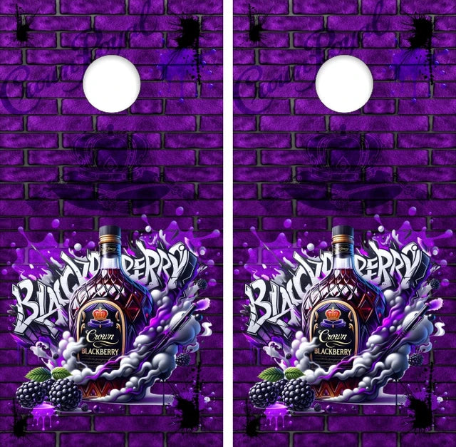 Crown Royal Blackberry with Purple Brick Wall background Cornhole Wraps