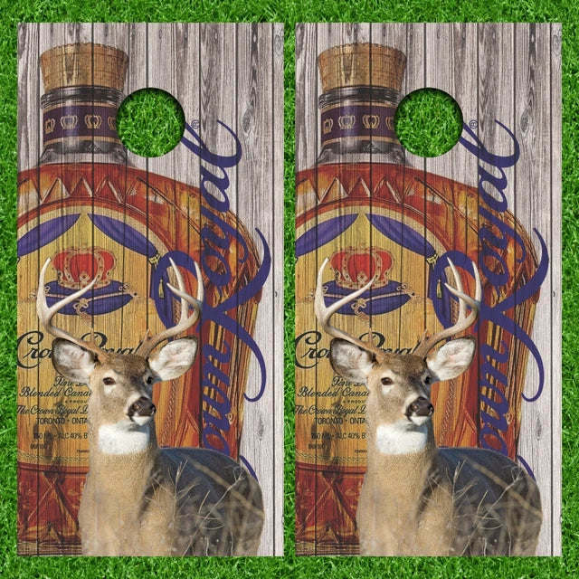 Crown Royal with Deer Buck Weathered Wood Background Cornhole Wraps