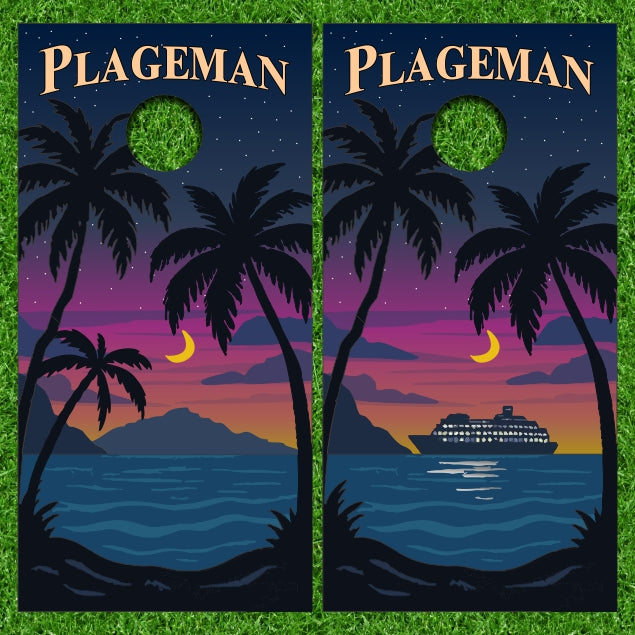 Silhouette Style Cruise Ship Nightlife with Tropical Palm Tree Version 1 Cornhole Wraps