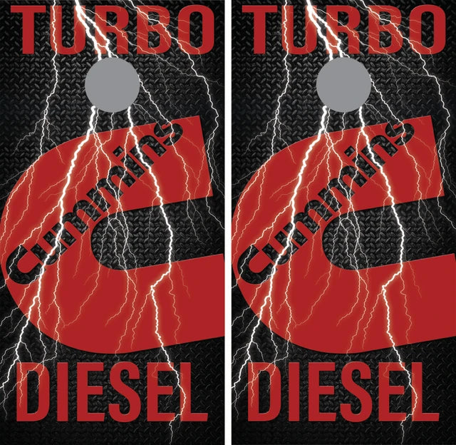 Cummins Turbo Diesel with Rugged Diamond Plate Lightening Bolt Background Cornhole Wraps