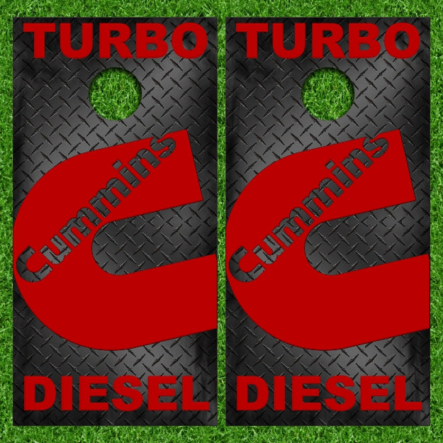 Cummins Turbo Diesel with Rugged Diamond Plate Background Cornhole Wraps