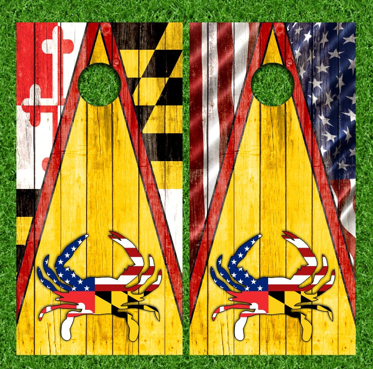 Maryland / USA American Flag Crab with Triangle Wood Background Cornhole Wraps