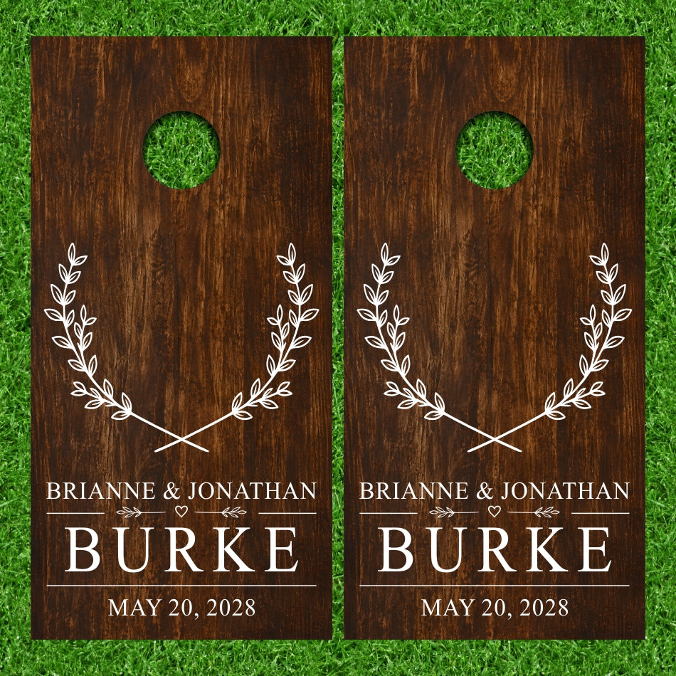 Wedding Monogram Style Name with Laurel Wreath on Darker Plywood Texture Version 2 Cornhole Wraps
