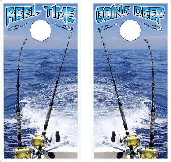 Deep Ocean Marlin Fishing Rods and Reels on Boat Cornhole Wraps
