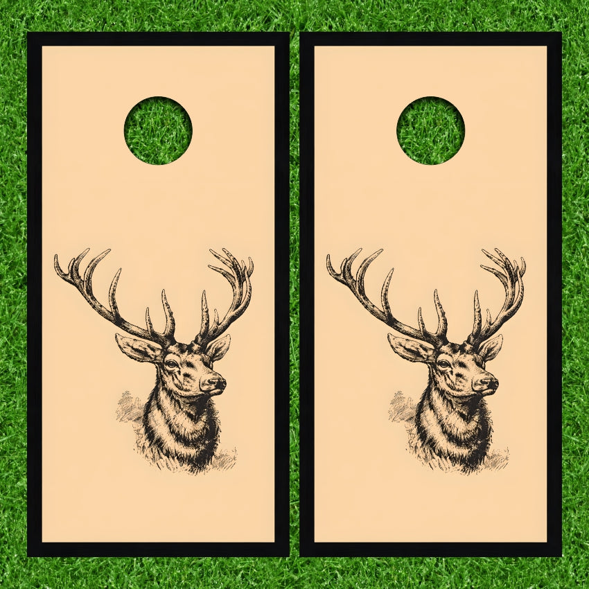 Deer Buck Drawing on Tan Background Black Border Cornhole Wraps