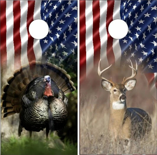 Deer Buck & Turkey with American Flag Background Cornhole Wraps