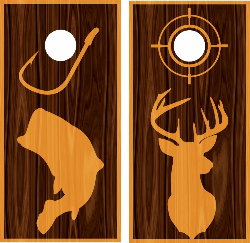 Fish & Deer Silhouette 2-Tone Wood Grain Cornhole Wraps