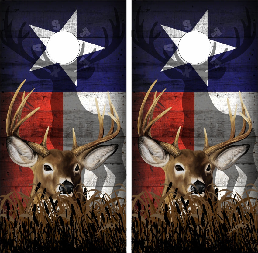 Buck Deer Head Weathered Wood Texas Flag Cornhole Wraps