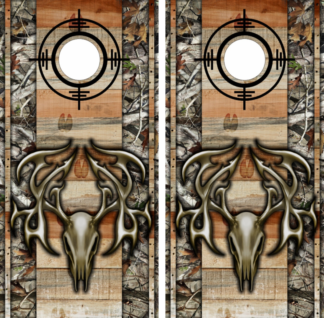 Buck Deer Tribal Skull Head with Wood & Camo Background Cornhole Wraps