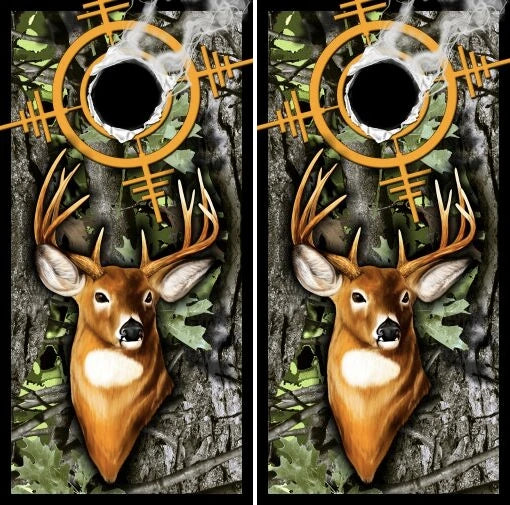 Deer Buck Gun Target Hole with Camo Background Cornhole Wraps