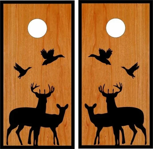 Deer Buck & Doe with Ducks on Stained Plywood Texture Background Cornhole Wraps