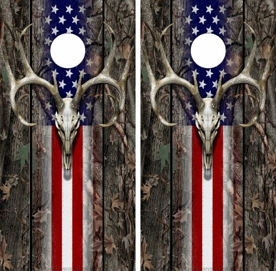 Deer Buck Skeleton Bone Skull with Camo & American Flag Stripe Background Cornhole Wraps
