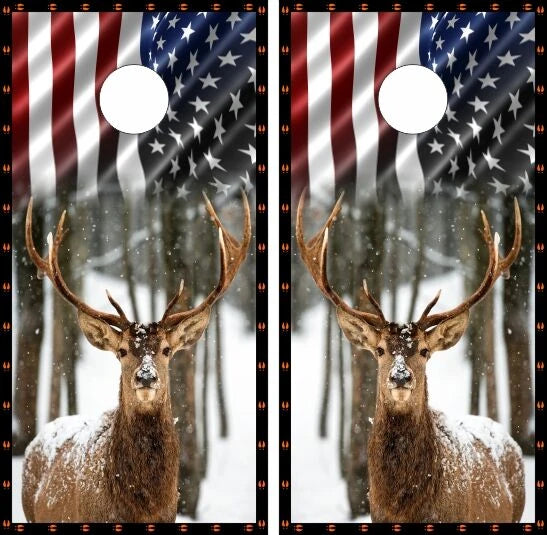 Deer Buck in Snow with American Flag Background Cornhole Wraps