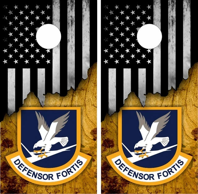 Defensor Fortis with Gray Grunge American Flag Ripped Wood Background Cornhole Wraps