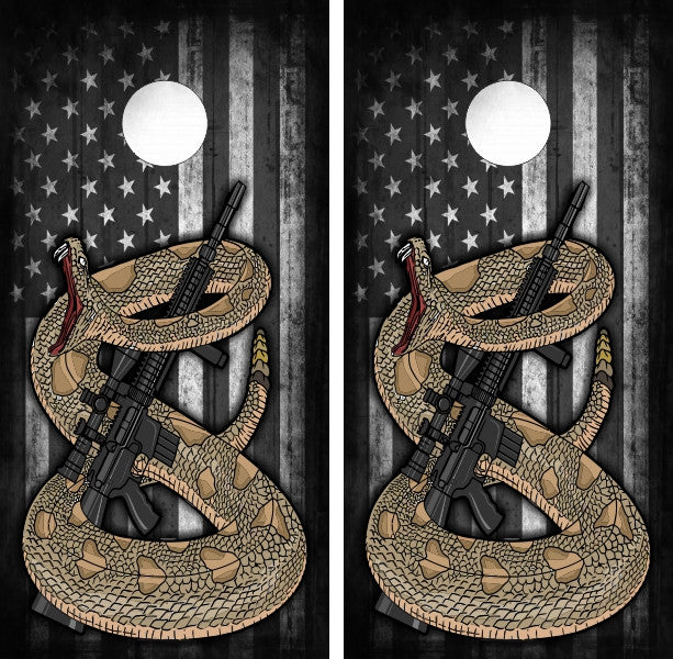 Don't Tread On Me Gun Rights Snake Gray Grunge American Flag Cornhole Wraps
