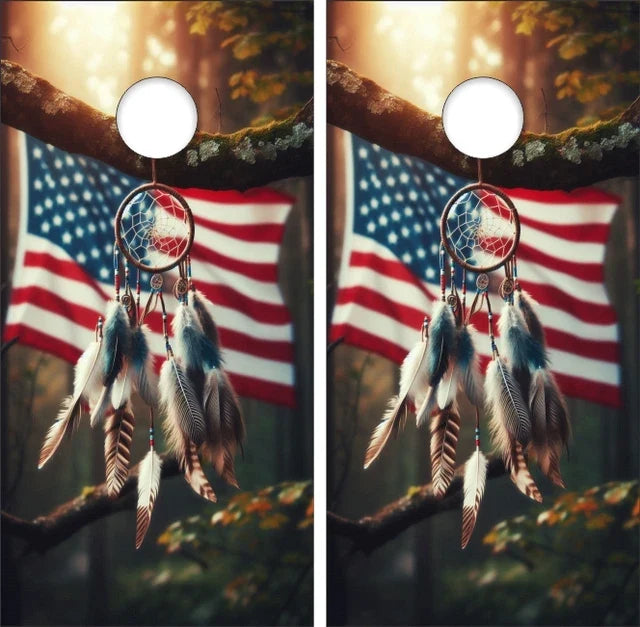 Native Feathers Dreamcatcher American Flag Peaceful Background Cornhole Wraps