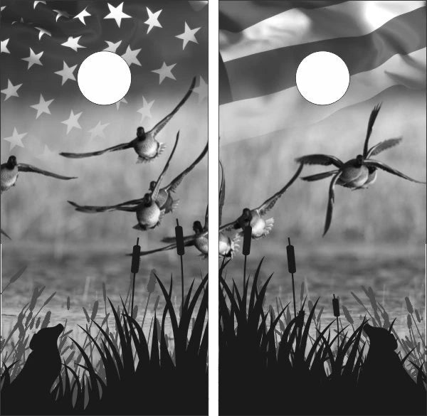 Ducks & Dog Grassy Lake with Black n White American Flag Background Cornhole Wraps