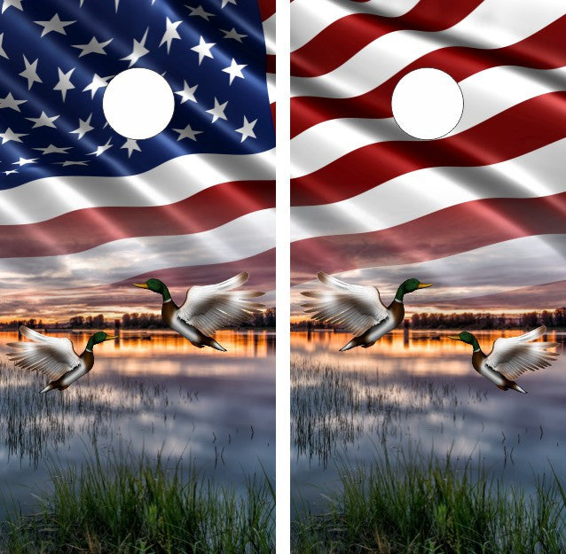 Ducks & Dog Grassy Lake with American Flag Background Cornhole Wraps