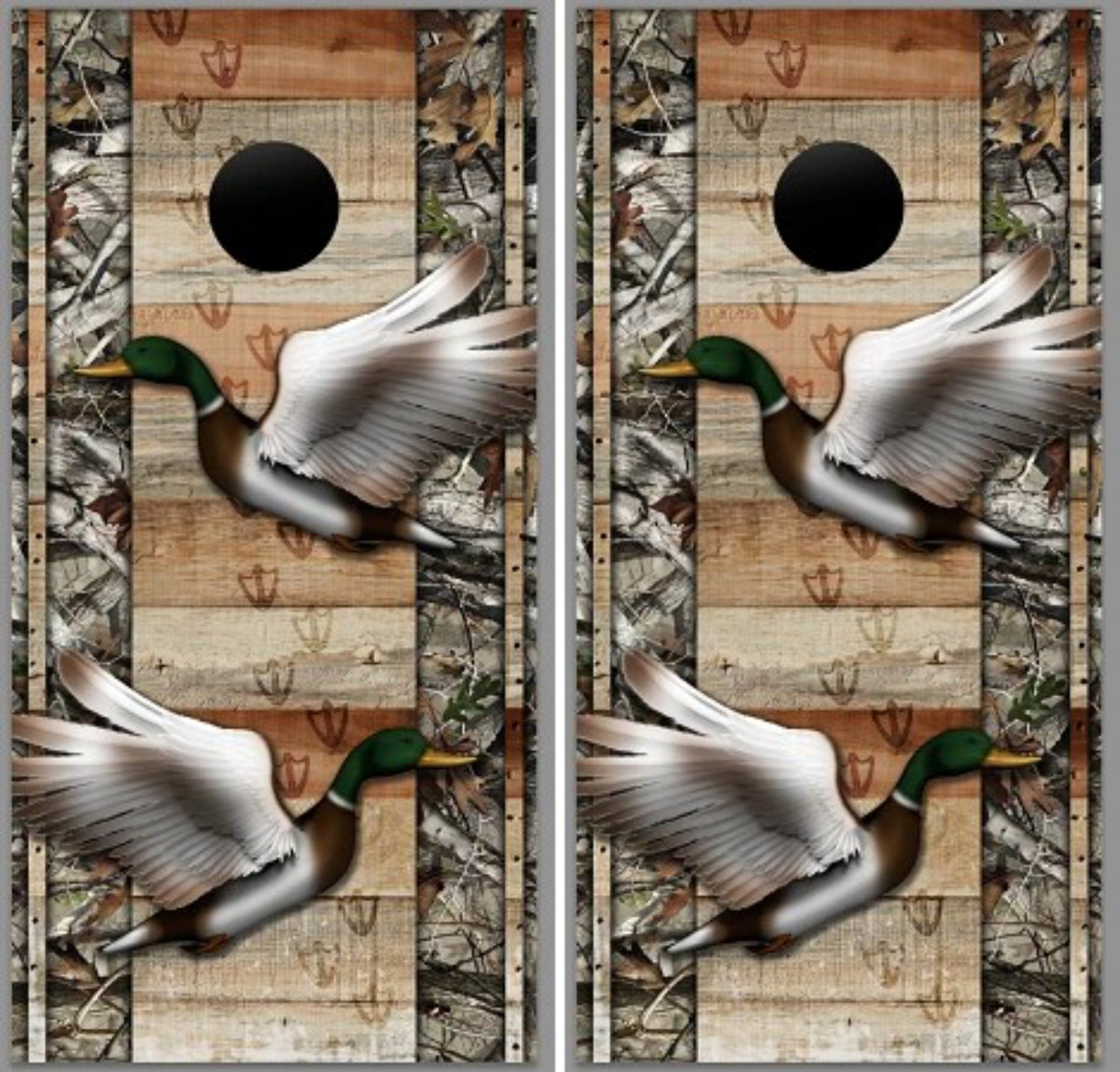 Ducks with Camo & Wood Background Cornhole Wraps