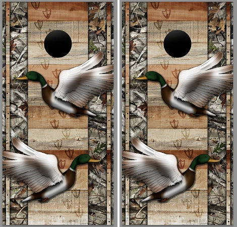 Ducks with Camo & Wood Background Cornhole Wraps