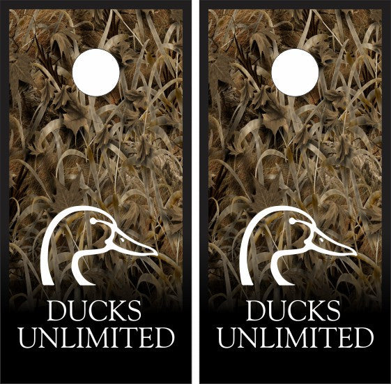 Ducks Unlimited Duck Head with Camo Grassy Style Background Cornhole Wraps