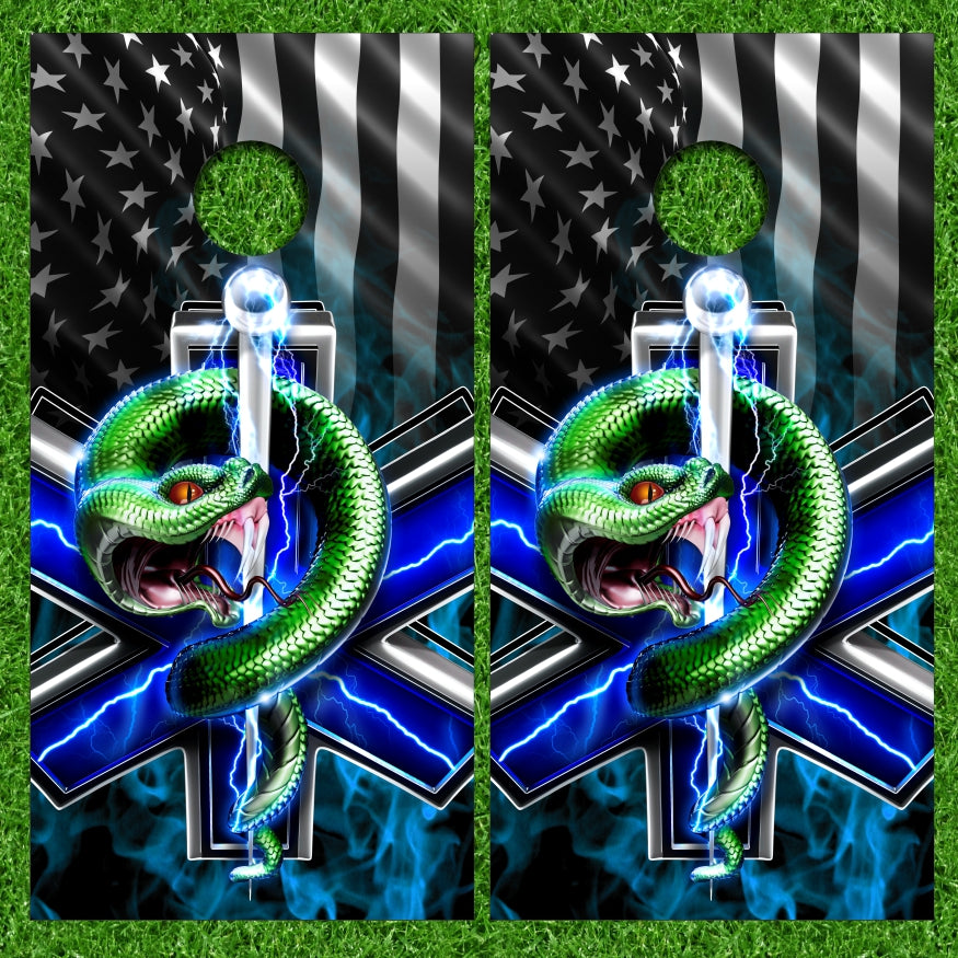 1st Responder EMS Snake with Blue Flames and American Flag Background Cornhole Wraps
