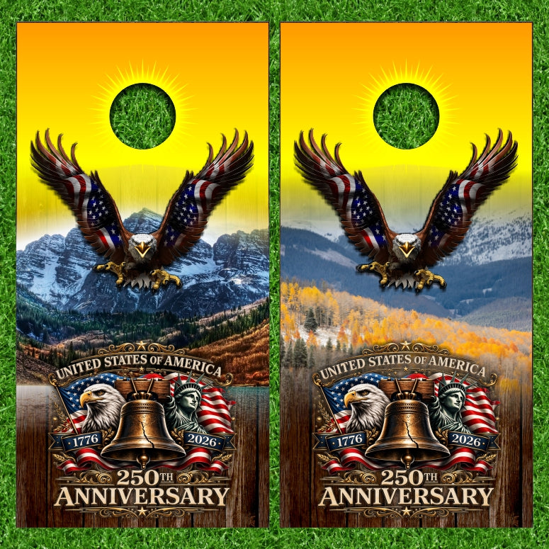 250th Years Anniversary American Flag Eagle Soaring with Beautiful Mountain Scene Background Cornhole Wraps