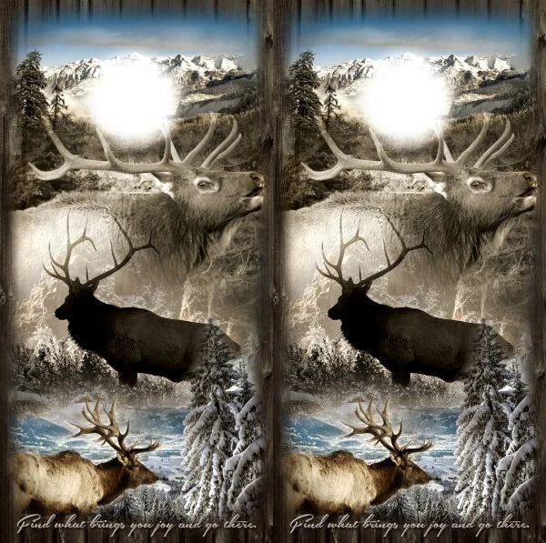 Elk Collage in the Wilderness with Wood Grain Borders Cornhole Wraps