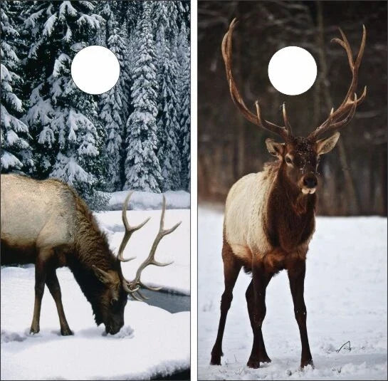 Elk Buck Wildlife in the Snow Forest Cornhole Wraps
