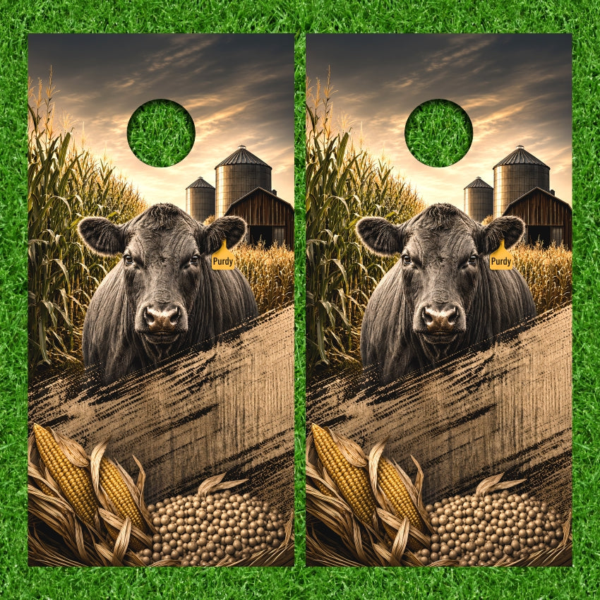 Black Angus Cow With Cornfield Barn Crop Background Cornhole Wraps