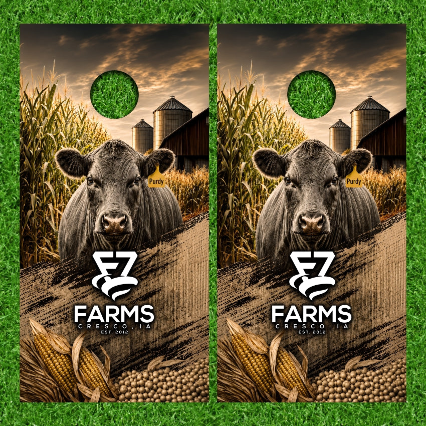 Black Angus Cow With Cornfield Barn Crop Background Cornhole Wraps