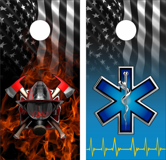 Firefighter Helmet & EMS Snake Lifeline with Gray American Flag Background Cornhole Wraps