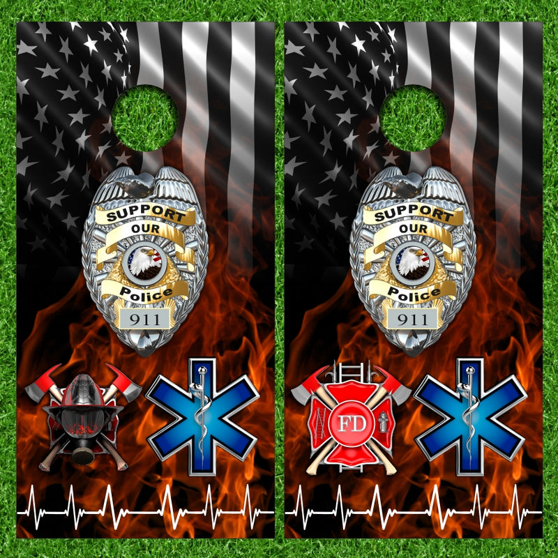 First Responder Chrome Badge Fire & EMS Cornhole Wraps