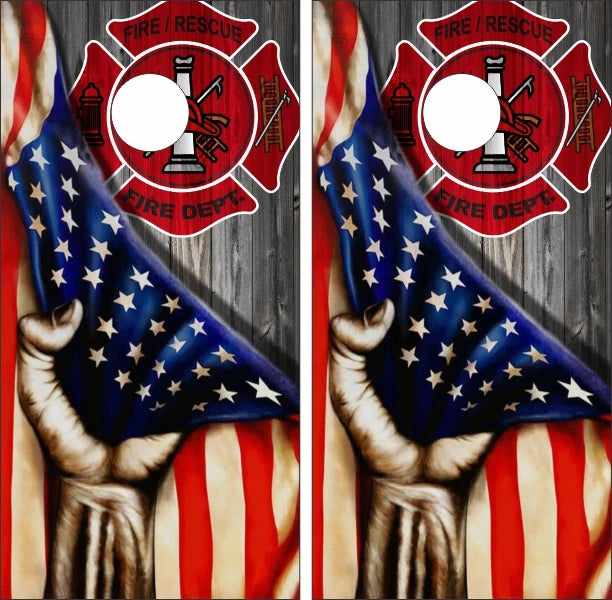 1st Responder Firefighter Fire Department with Hand Pulling American Flag Cornhole Wraps