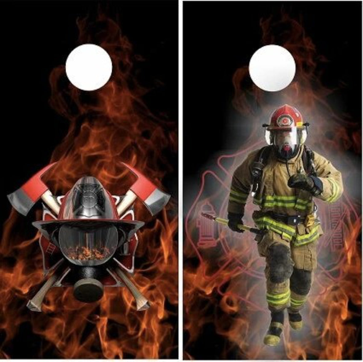 1st Responder Firefighter Fireman First In Last Out with Fire Flames Background Cornhole Wraps